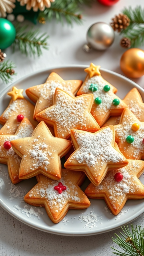 A plate of cinnamon Christmas cookies shaped like stars and trees, decorated with icing and powdered sugar, set against a festive holiday backdrop.